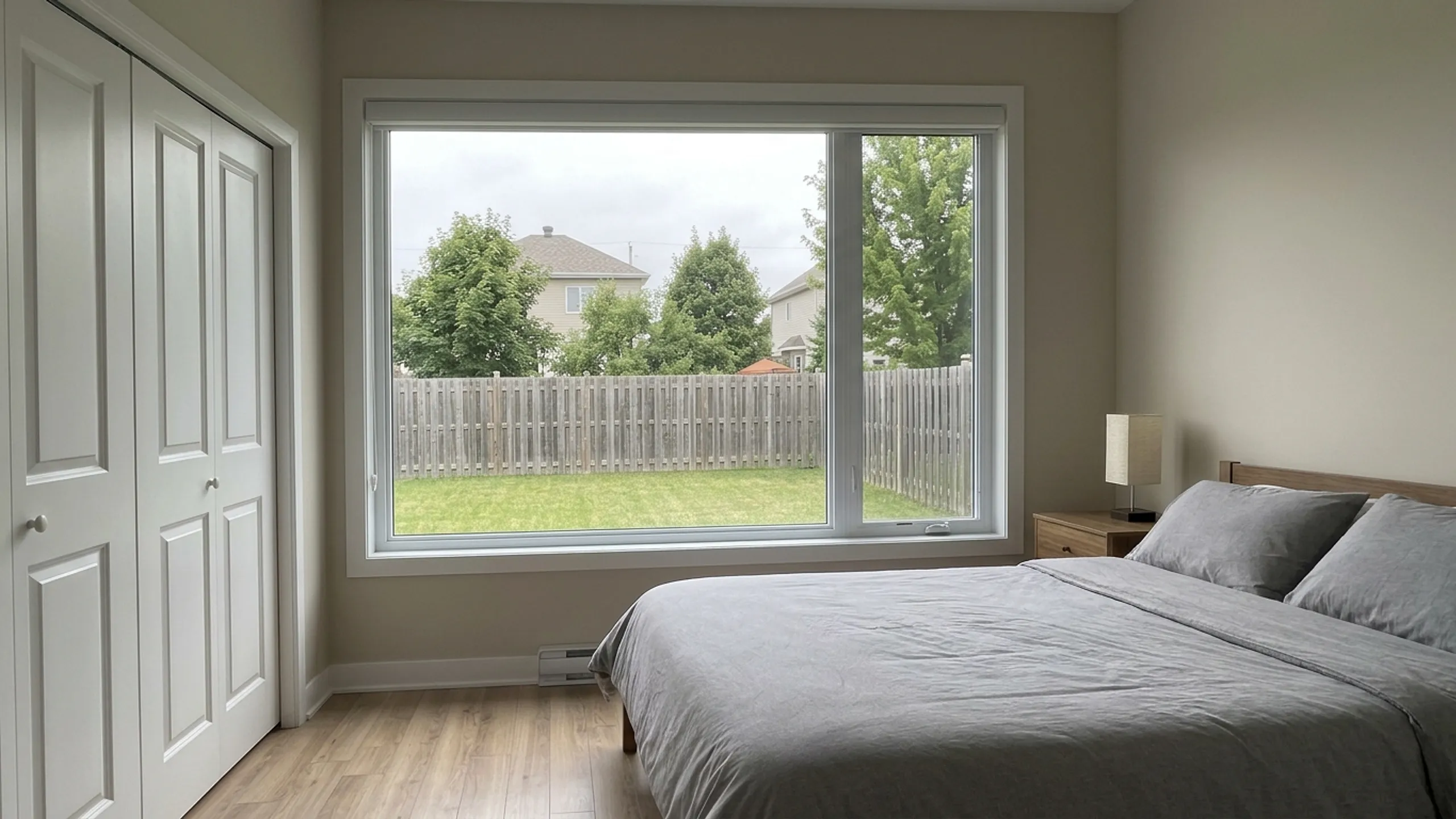 Chambre à coucher contemporaine avec grande baie vitrée panoramique donnant sur le jardin extérieur, intimité instantanée sur demande